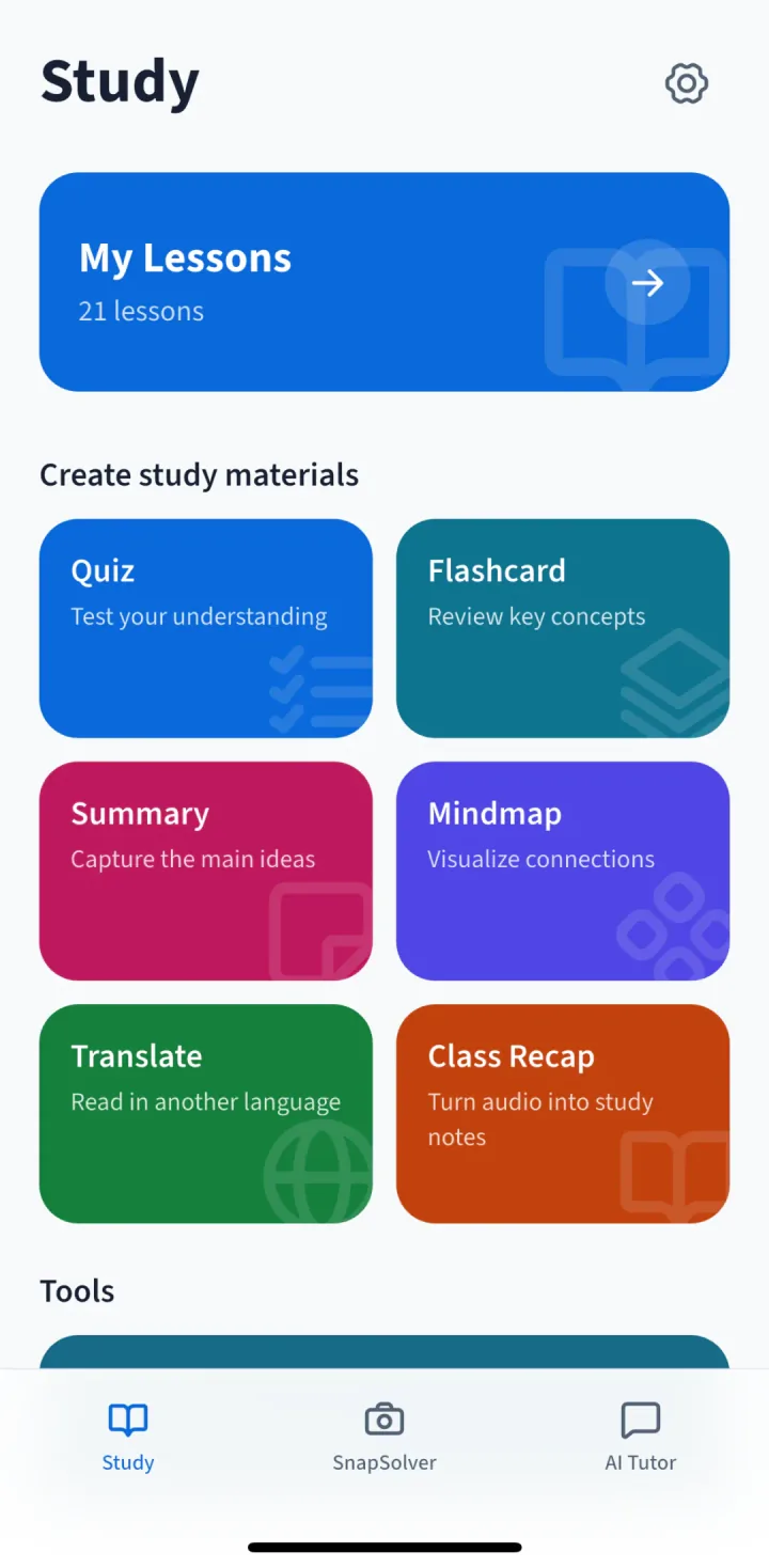 Study screen with materials including quiz, flashcards, summary, and mind map