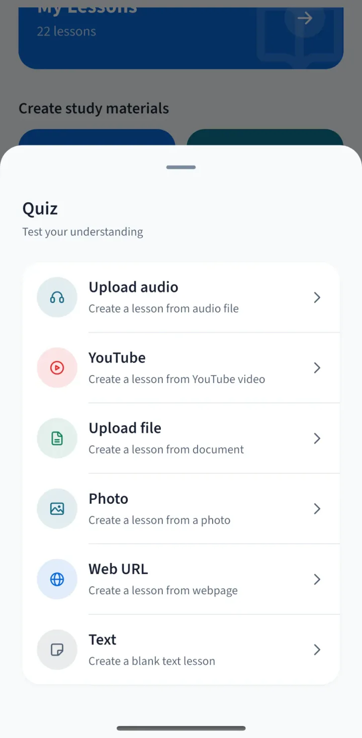 Create a study lesson from audio, YouTube, a file, photo, web page, or text