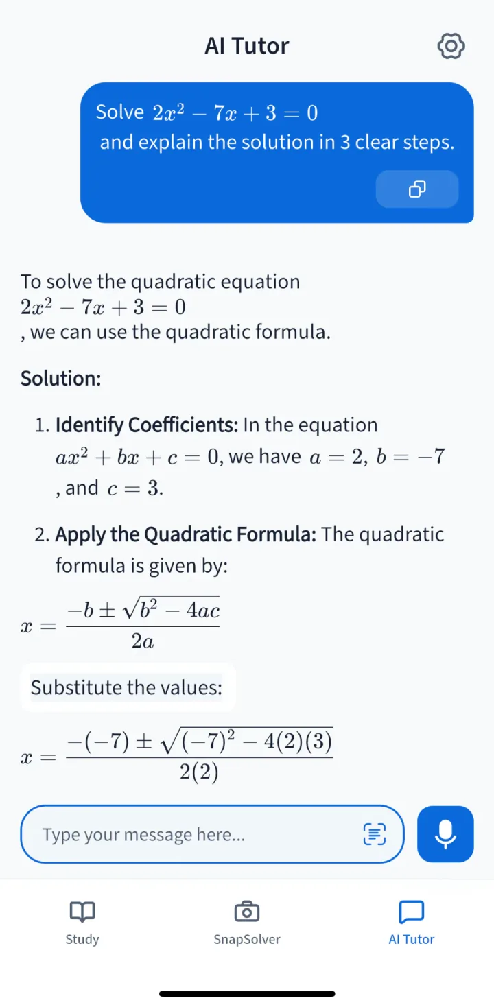 AI Tutor explaining a quadratic equation